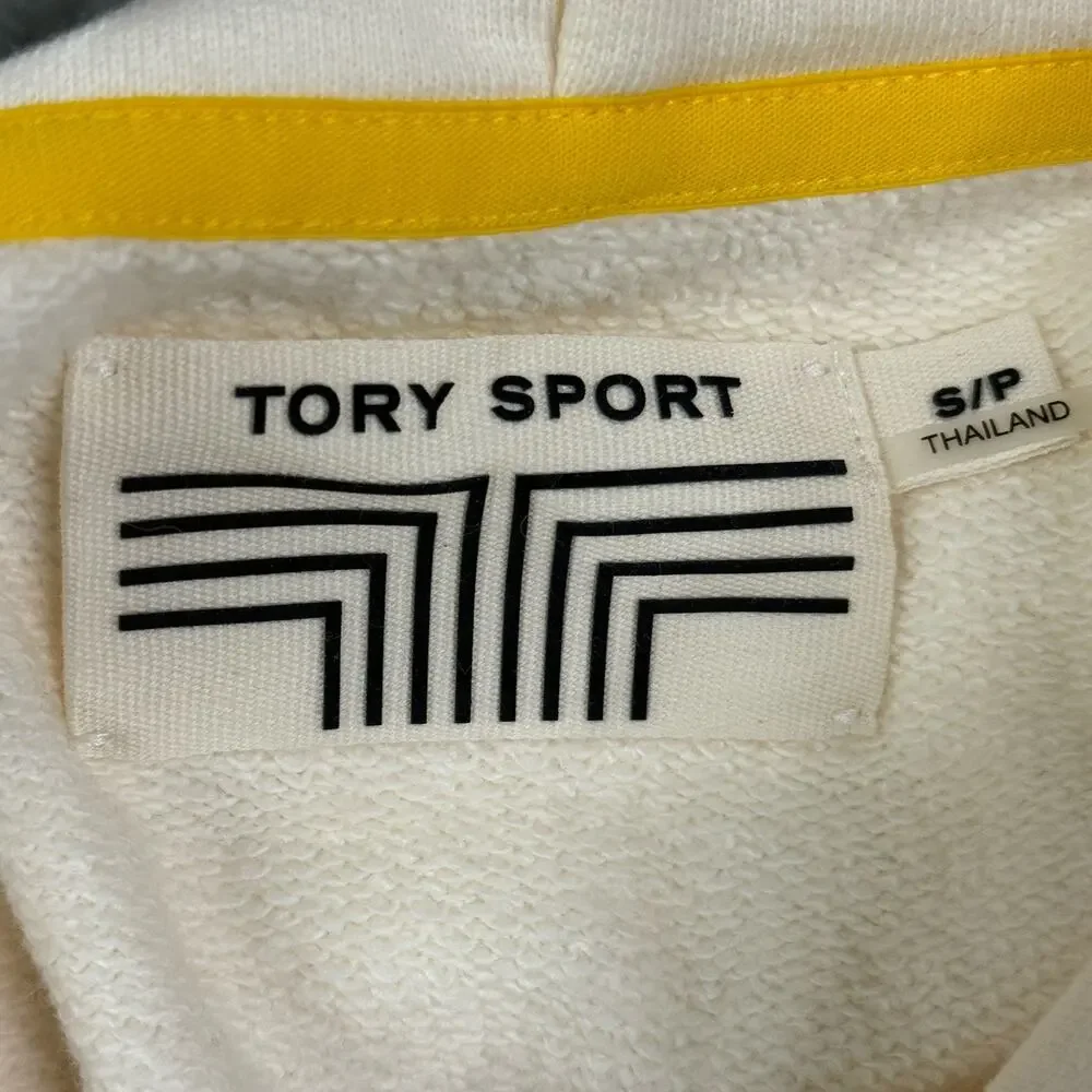 Tory Sport Chevron Hoodie French Terry Cream Yellow Athleisure Size Small